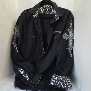 Black Button-Up Shirt with Skull Accents